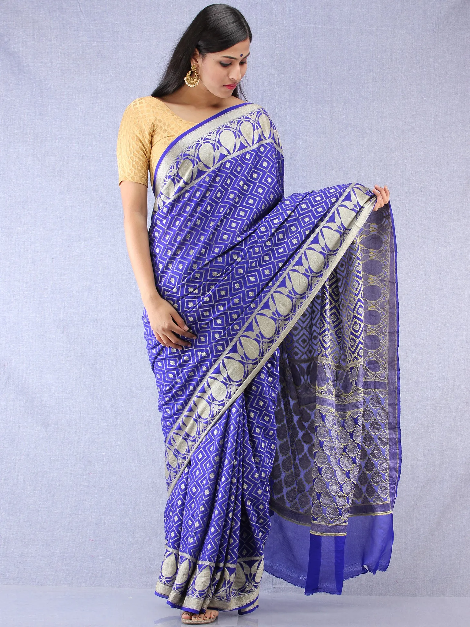 Banarasee Pure Chiffon Saree With Zari Work - Royal Blue Silver - S031704308