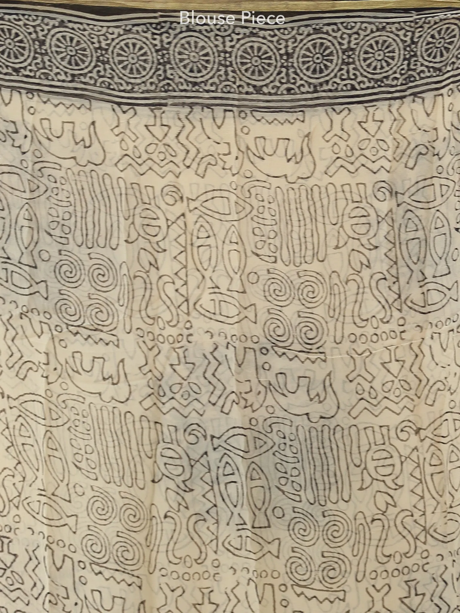 Beige Indigo Brown Hand Block Printed Chiffon Saree with Zari Border - S031703950