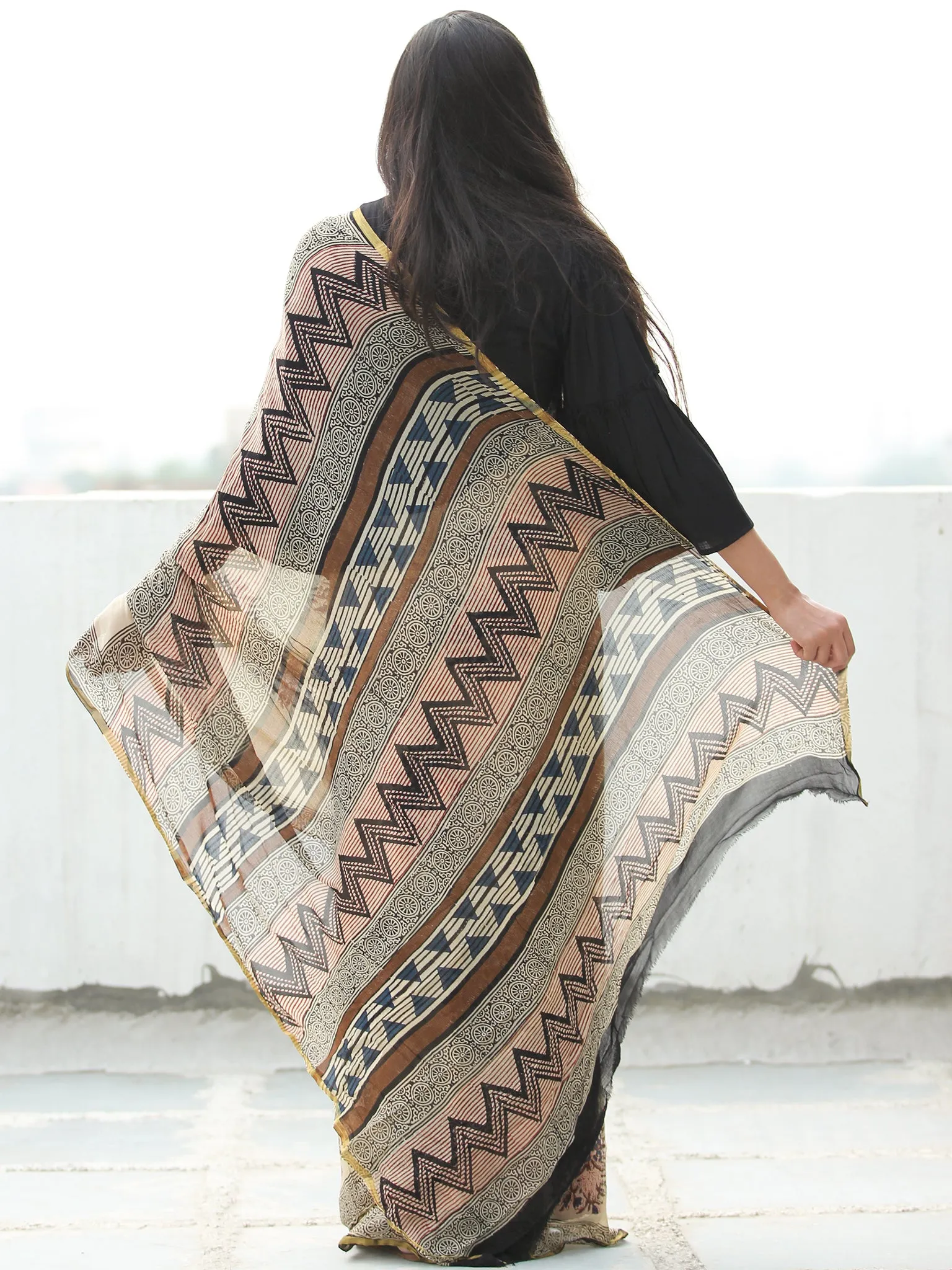 Beige Indigo Brown Hand Block Printed Chiffon Saree with Zari Border - S031703950