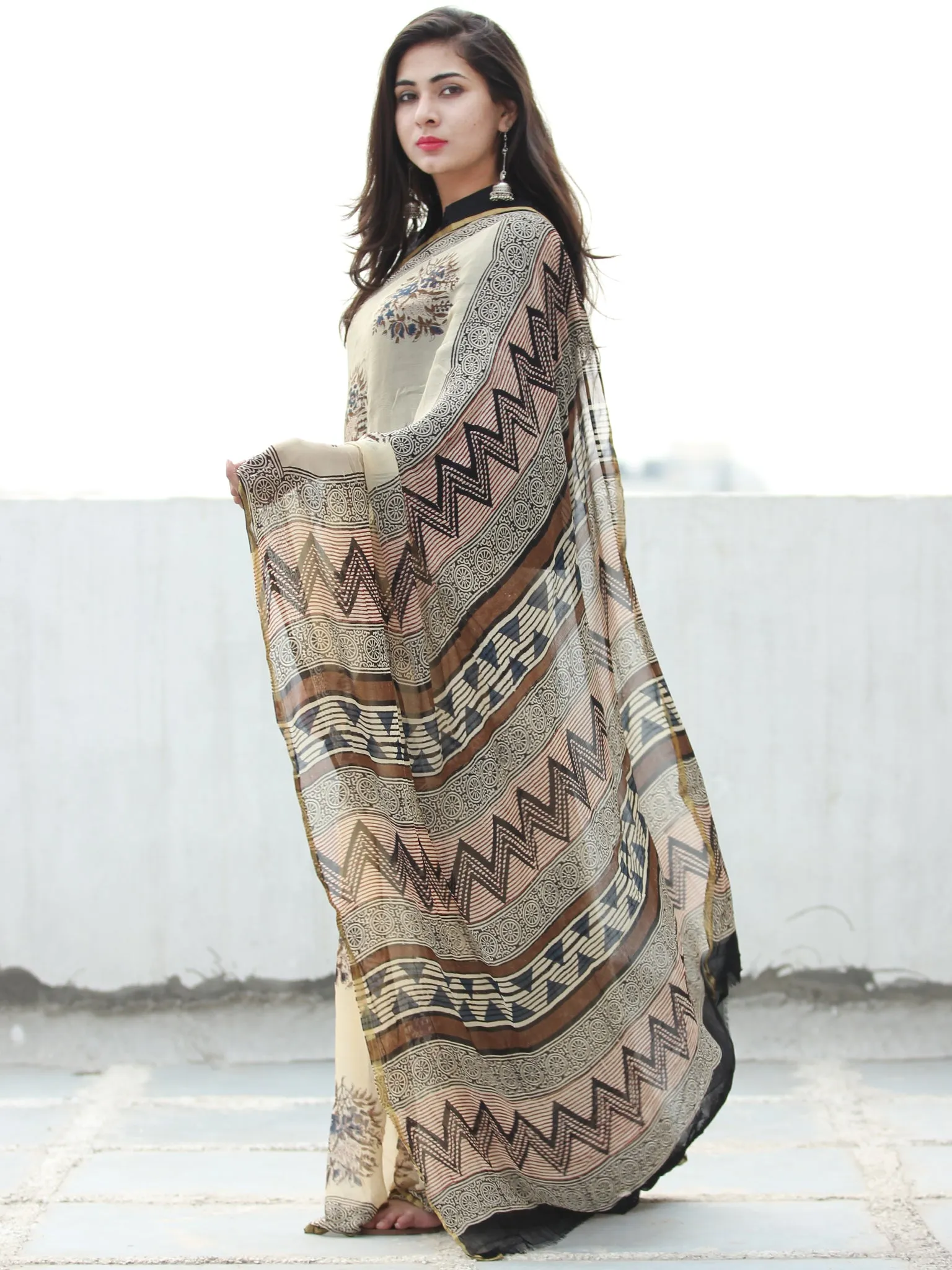 Beige Indigo Brown Hand Block Printed Chiffon Saree with Zari Border - S031703950