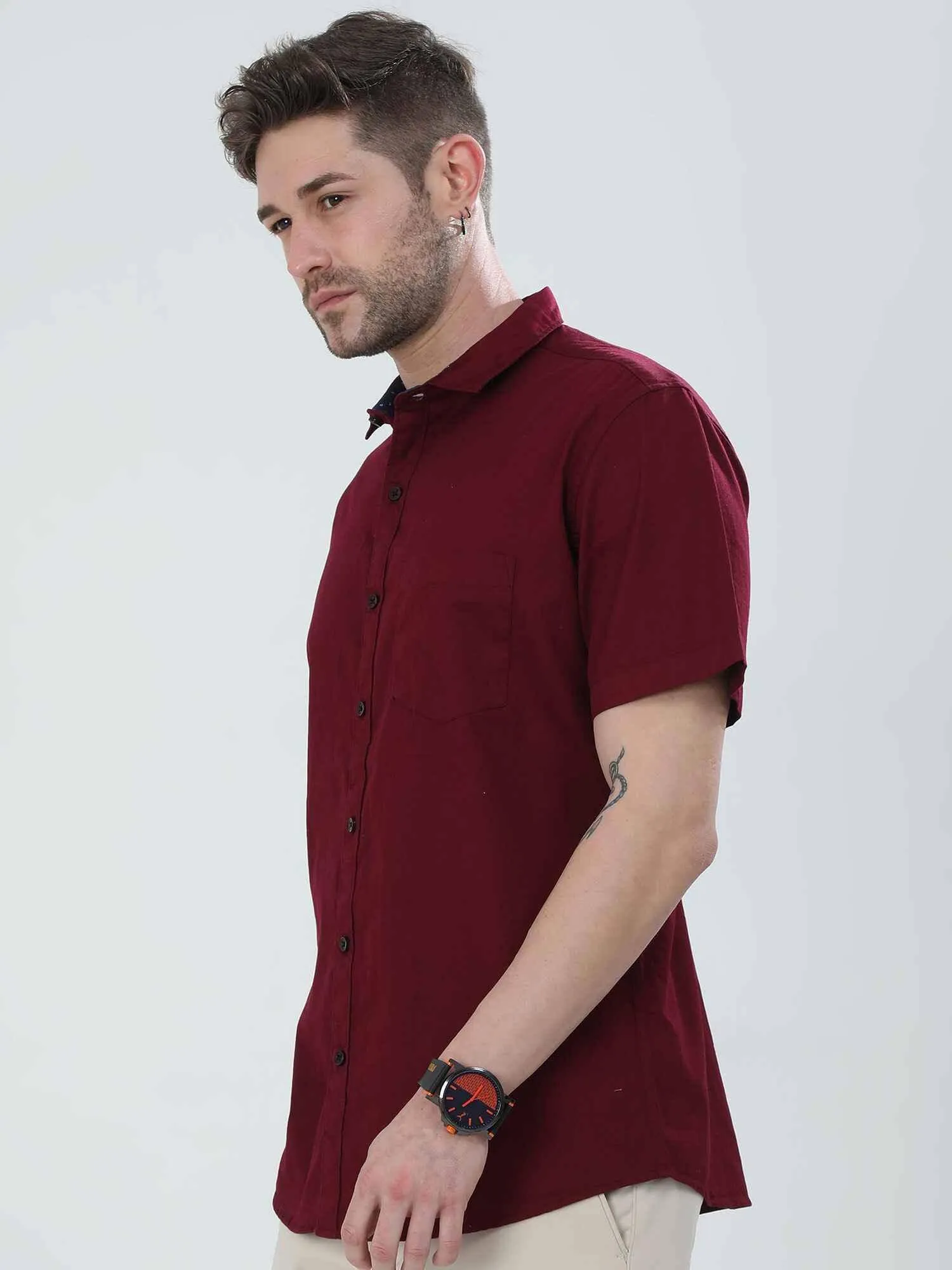 Brick Red Solid Half Sleeve Shirt