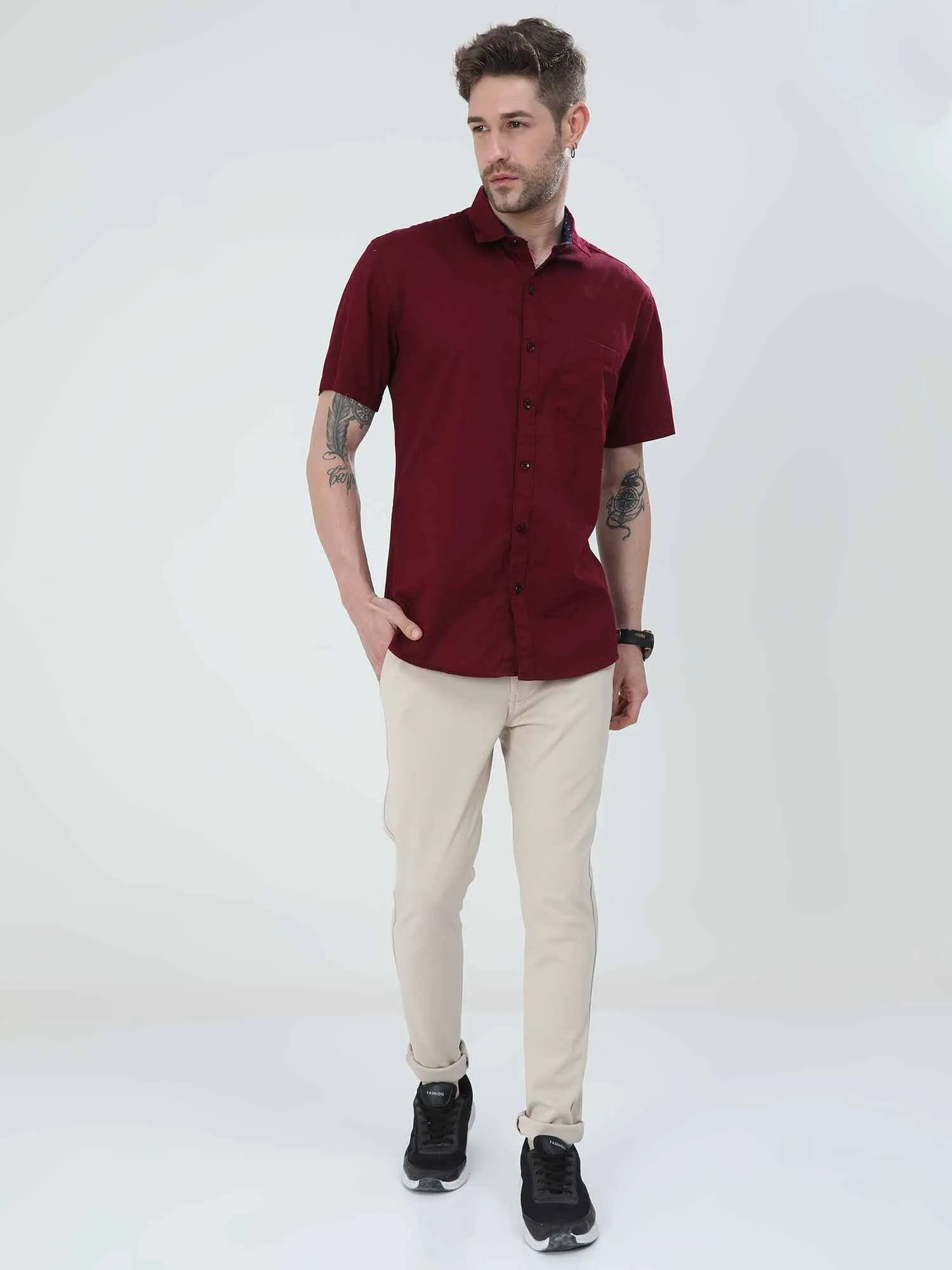 Brick Red Solid Half Sleeve Shirt