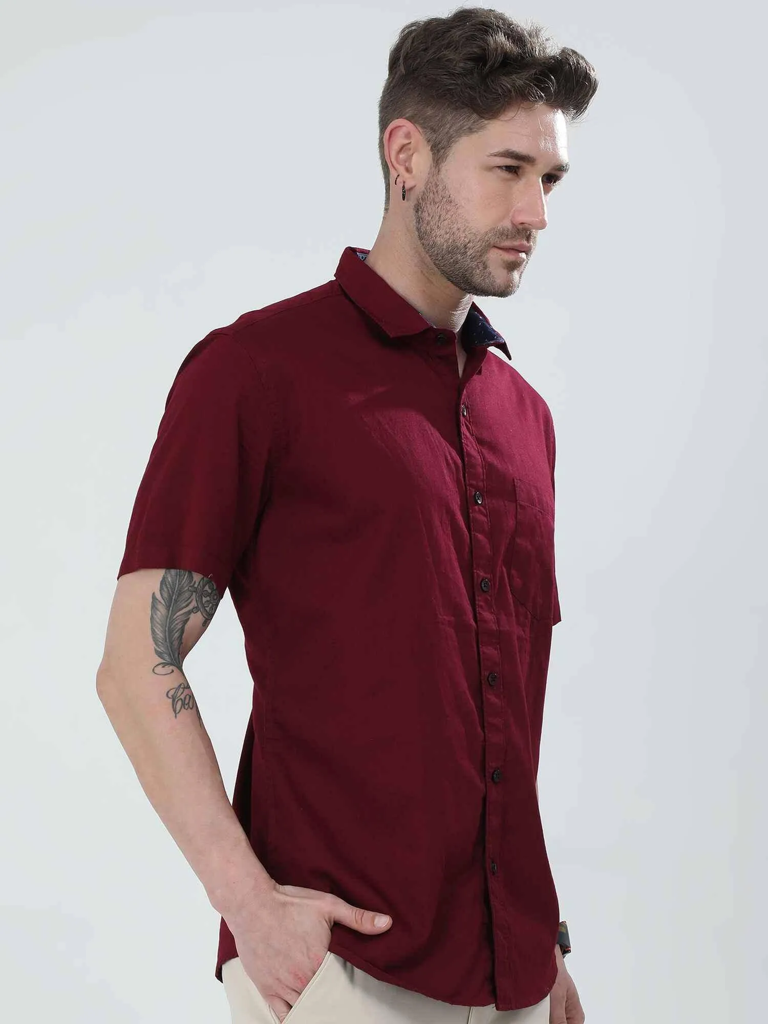 Brick Red Solid Half Sleeve Shirt