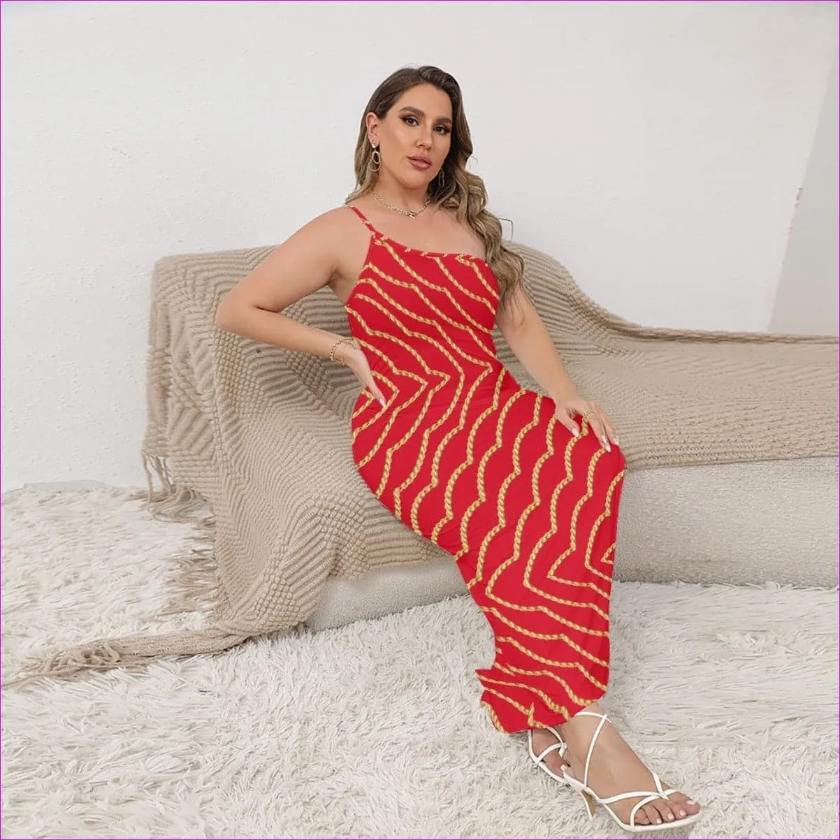 Chained Womens Red Oblique-Shoulder Exposure Dress With Side Split Voluptuous (Plus Size)