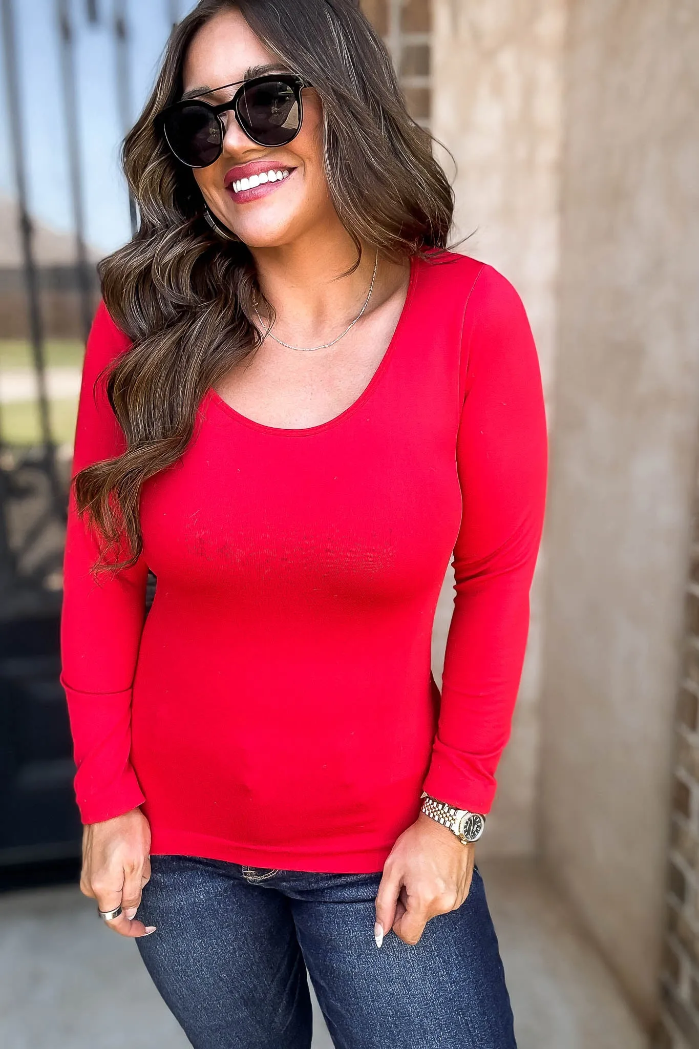 Fleece Lined Red Seamless Round Neck Long Sleeve Top