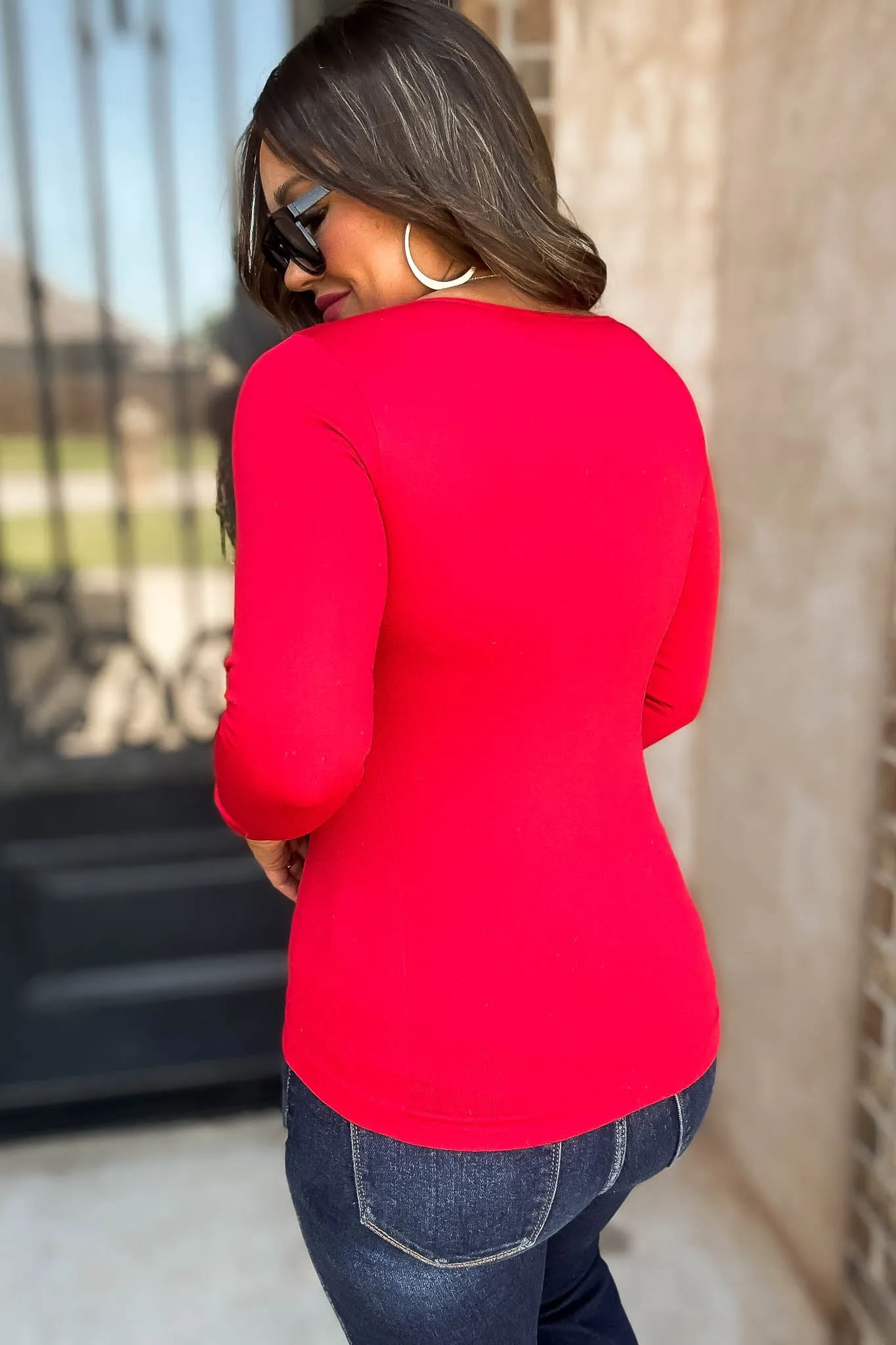 Fleece Lined Red Seamless Round Neck Long Sleeve Top