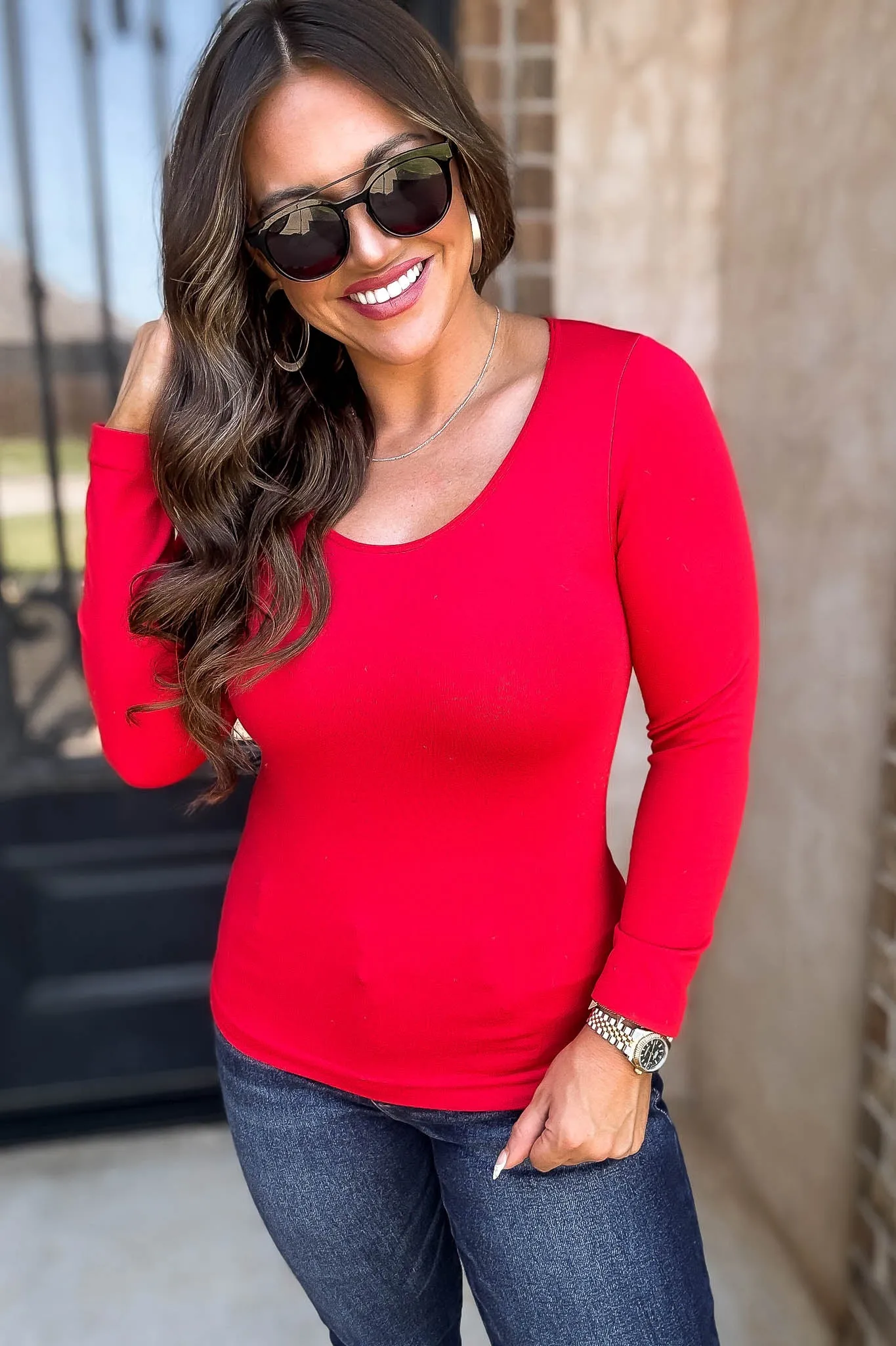 Fleece Lined Red Seamless Round Neck Long Sleeve Top