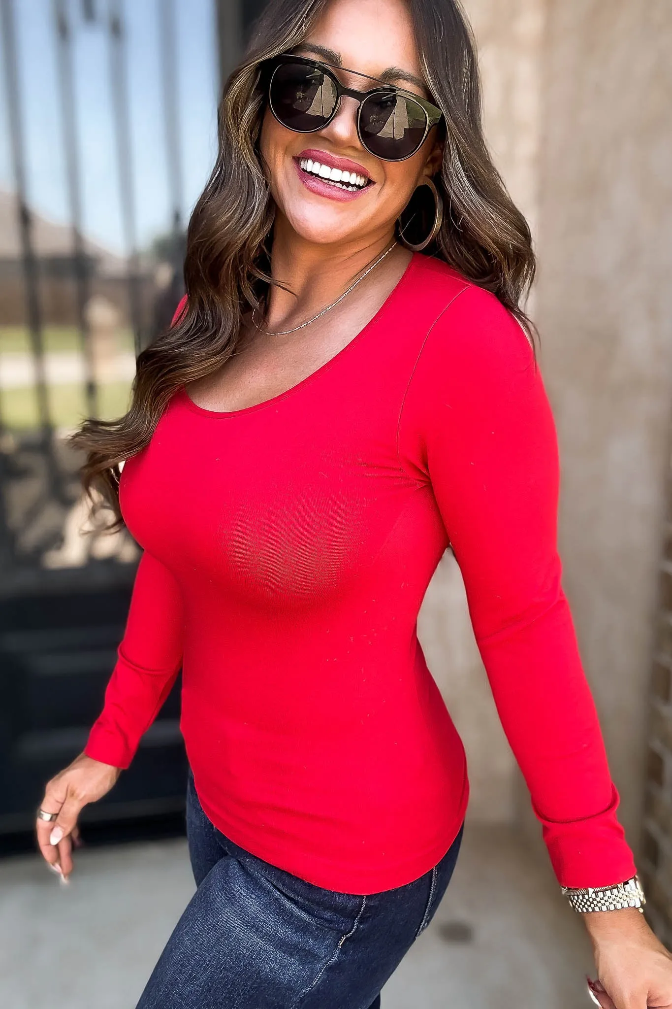 Fleece Lined Red Seamless Round Neck Long Sleeve Top