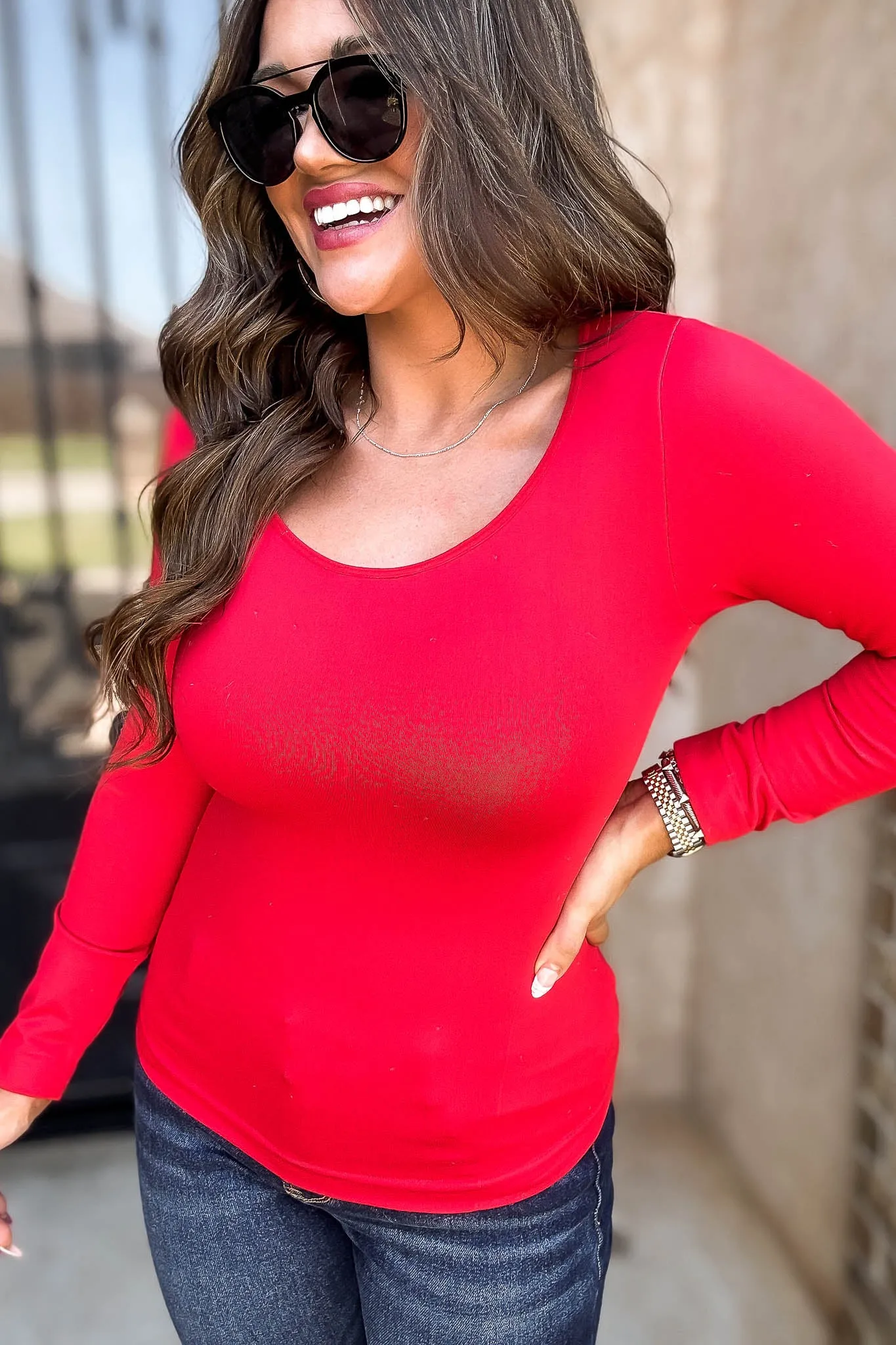 Fleece Lined Red Seamless Round Neck Long Sleeve Top