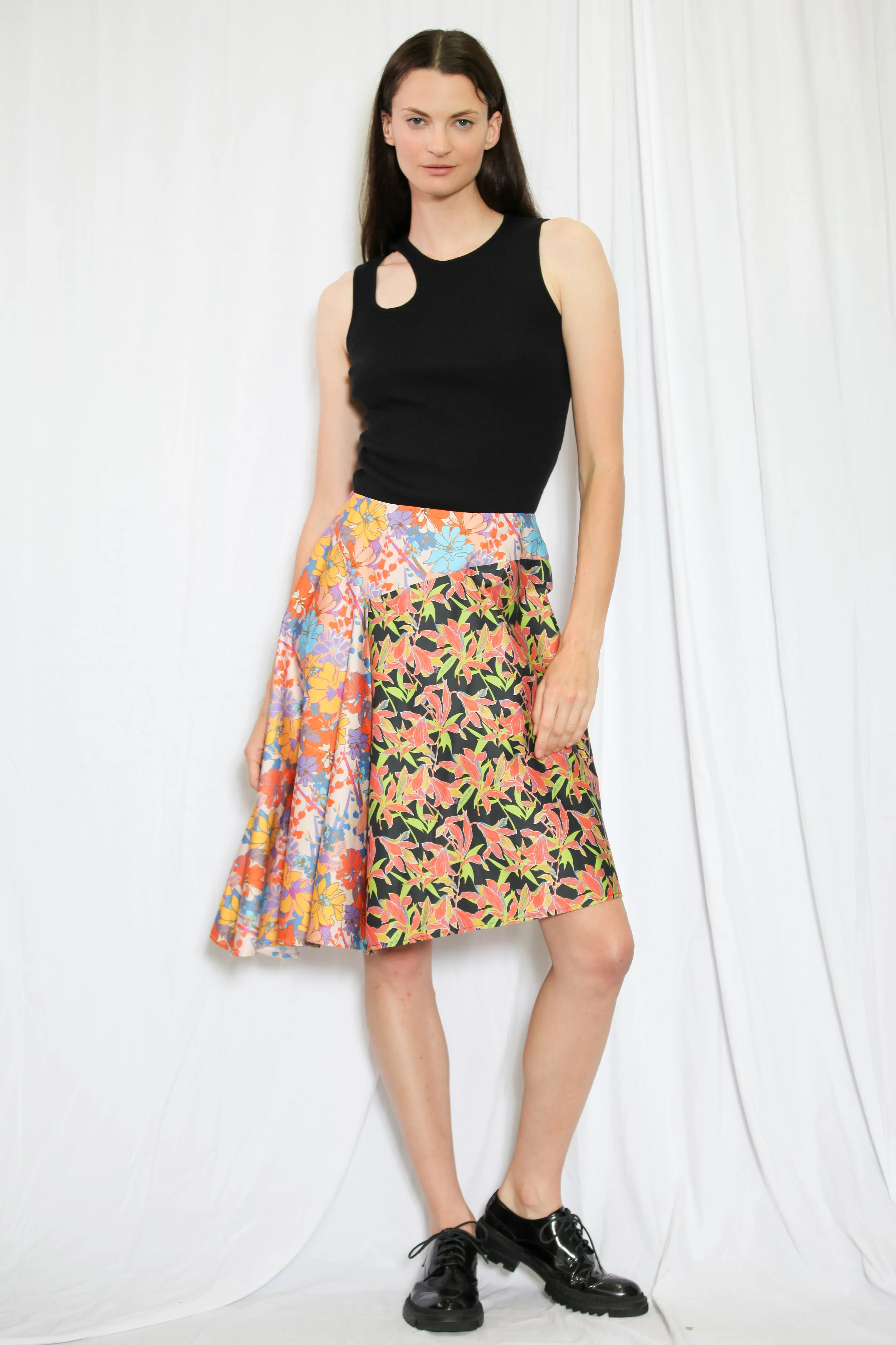Floral Printed Orange Asymmetric Midi Skirt