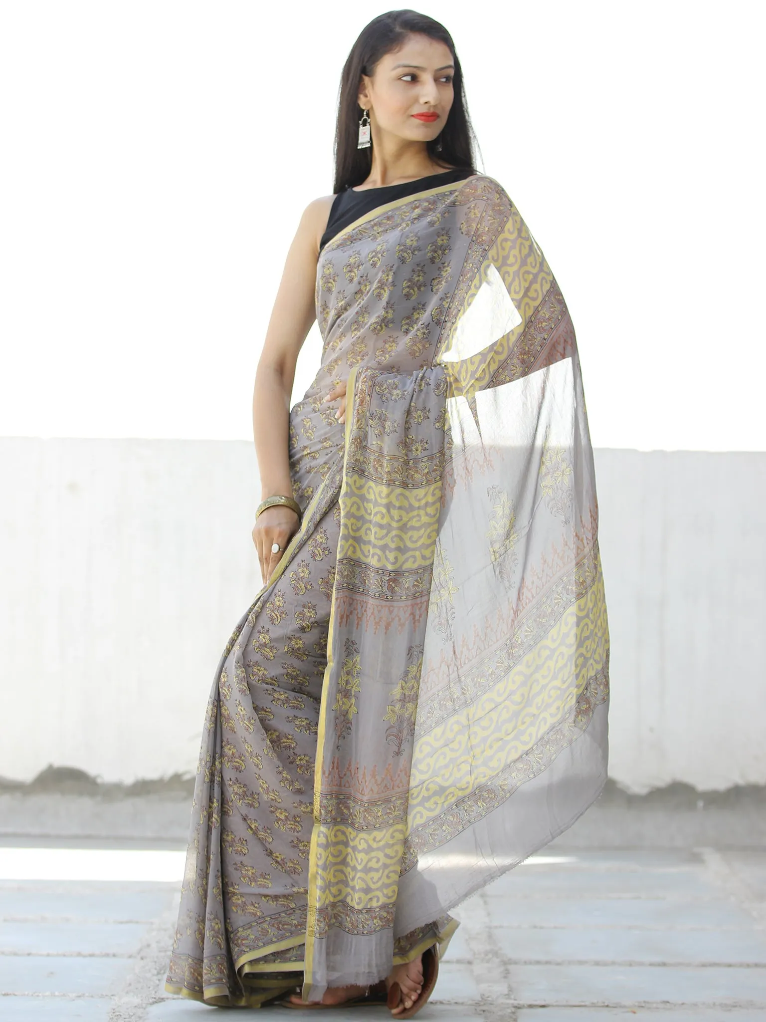Grey Yellow Hand Block Printed Chiffon Saree with Zari Border - S031703955