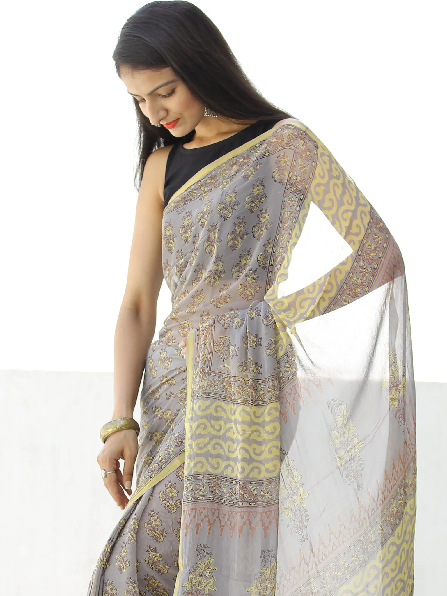 Grey Yellow Hand Block Printed Chiffon Saree with Zari Border - S031703955