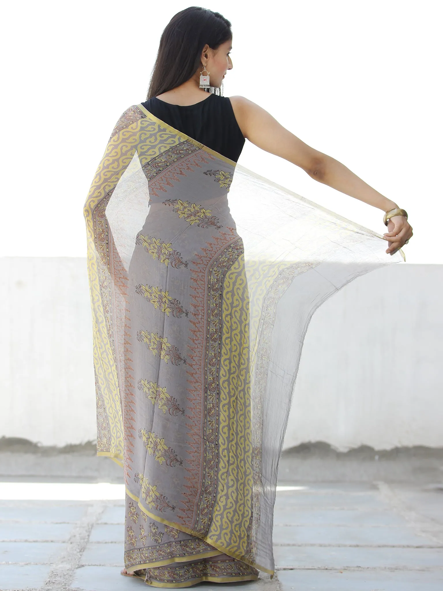 Grey Yellow Hand Block Printed Chiffon Saree with Zari Border - S031703955