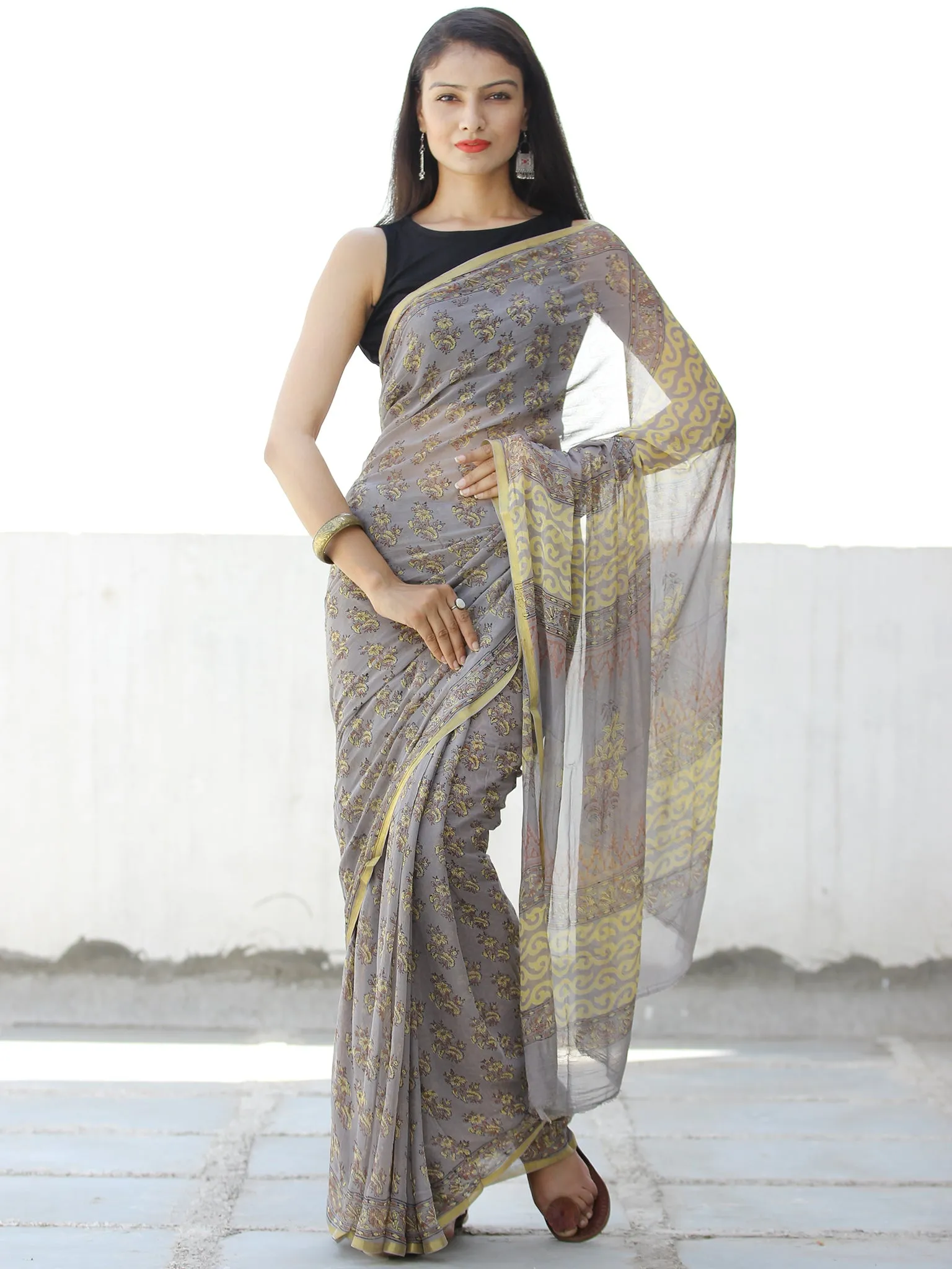 Grey Yellow Hand Block Printed Chiffon Saree with Zari Border - S031703955