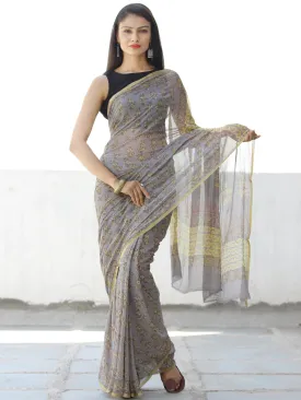 Grey Yellow Hand Block Printed Chiffon Saree with Zari Border - S031703955