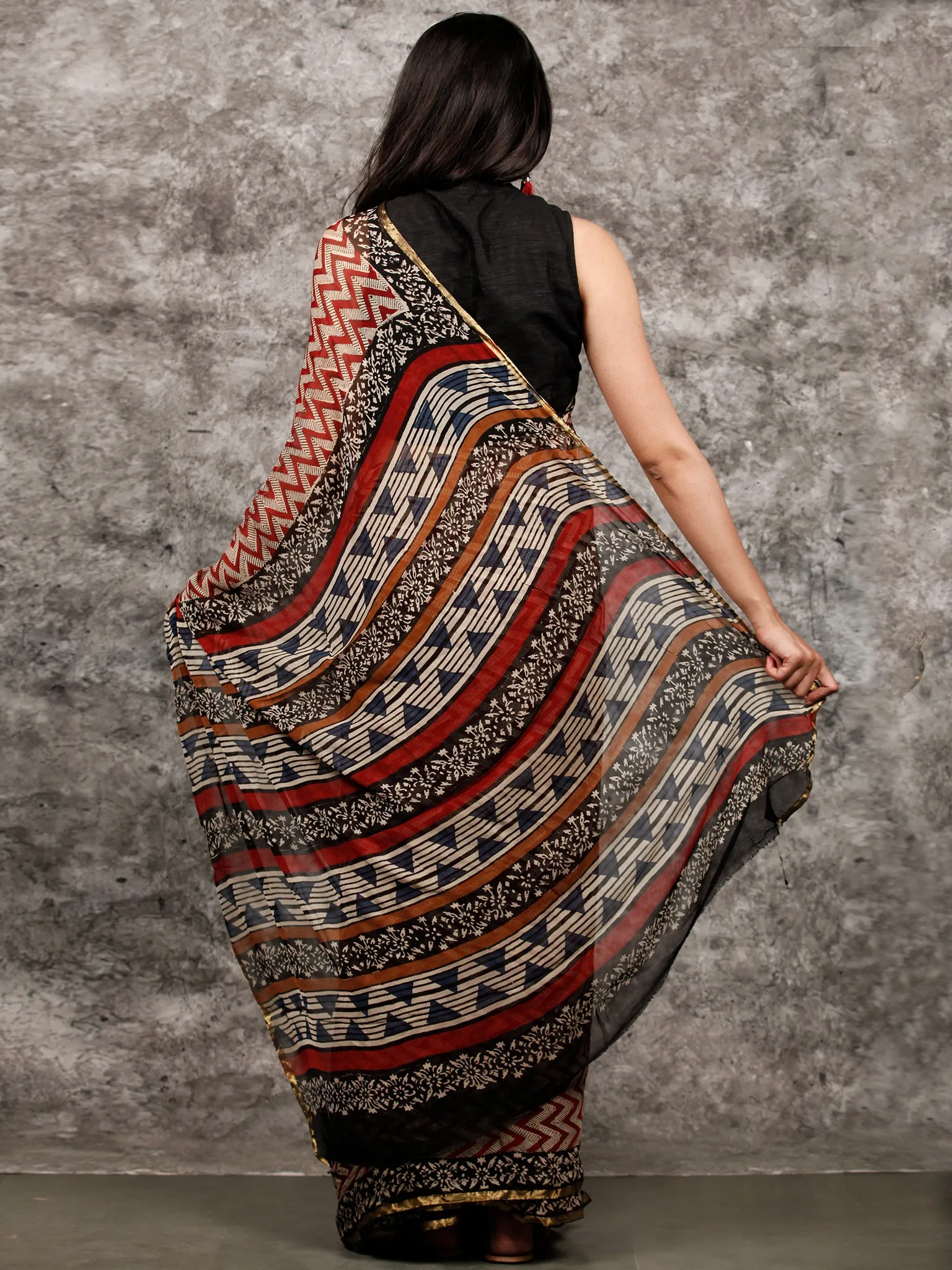 Ivory Black Maroon Hand Block Printed Chiffon Saree with Zari Border - S031703226