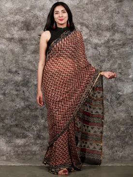 Ivory Black Maroon Hand Block Printed Chiffon Saree with Zari Border - S031703226