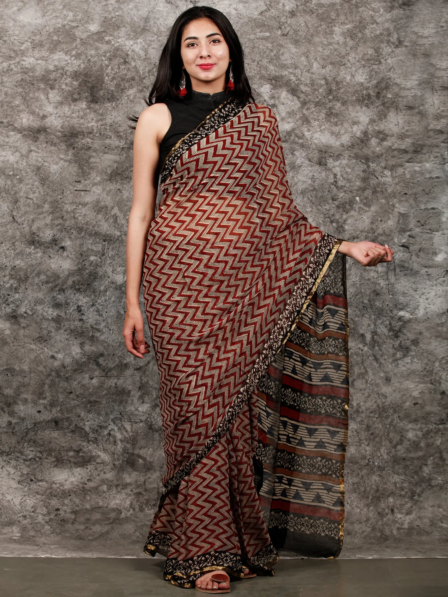 Ivory Black Maroon Hand Block Printed Chiffon Saree with Zari Border - S031703226