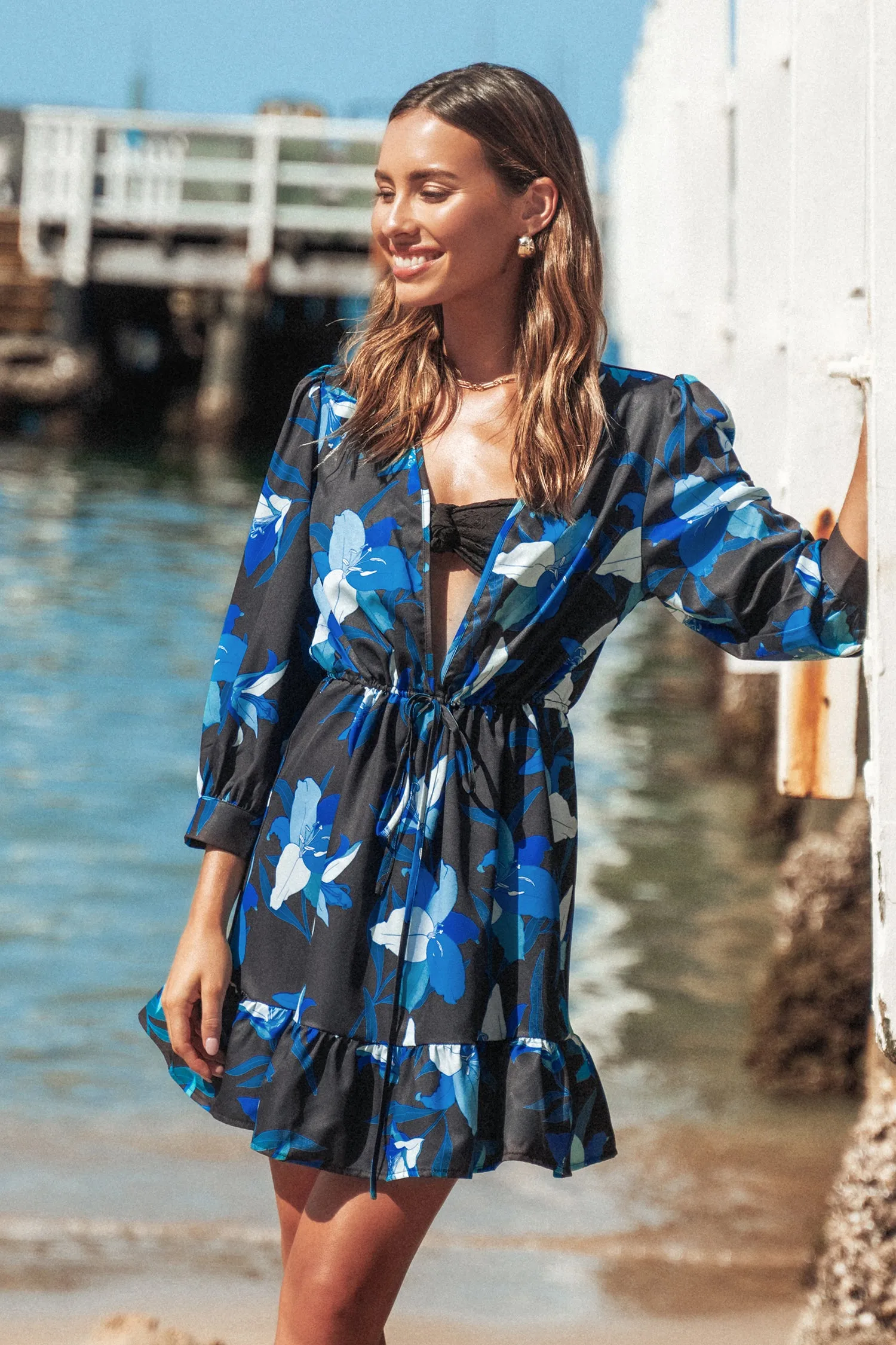 Kaitlynn Tropical Floral Drawstring Cover-Up Dress