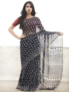Navy Blue White Hand Block Printed Chiffon Saree With Zari Border - S031702596