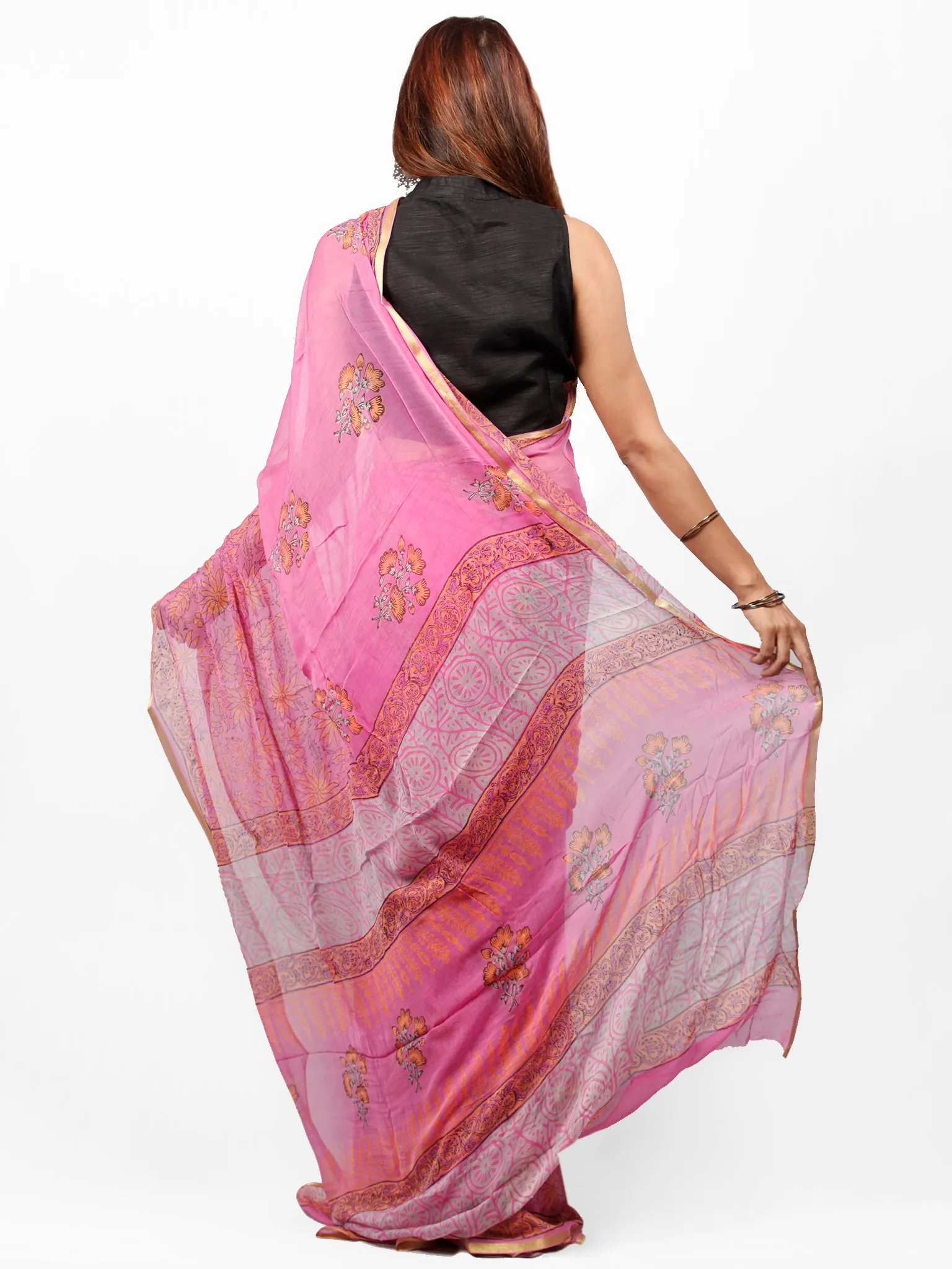 Pink Orange Hand Block Printed Chiffon Saree with Zari Border - S031703414