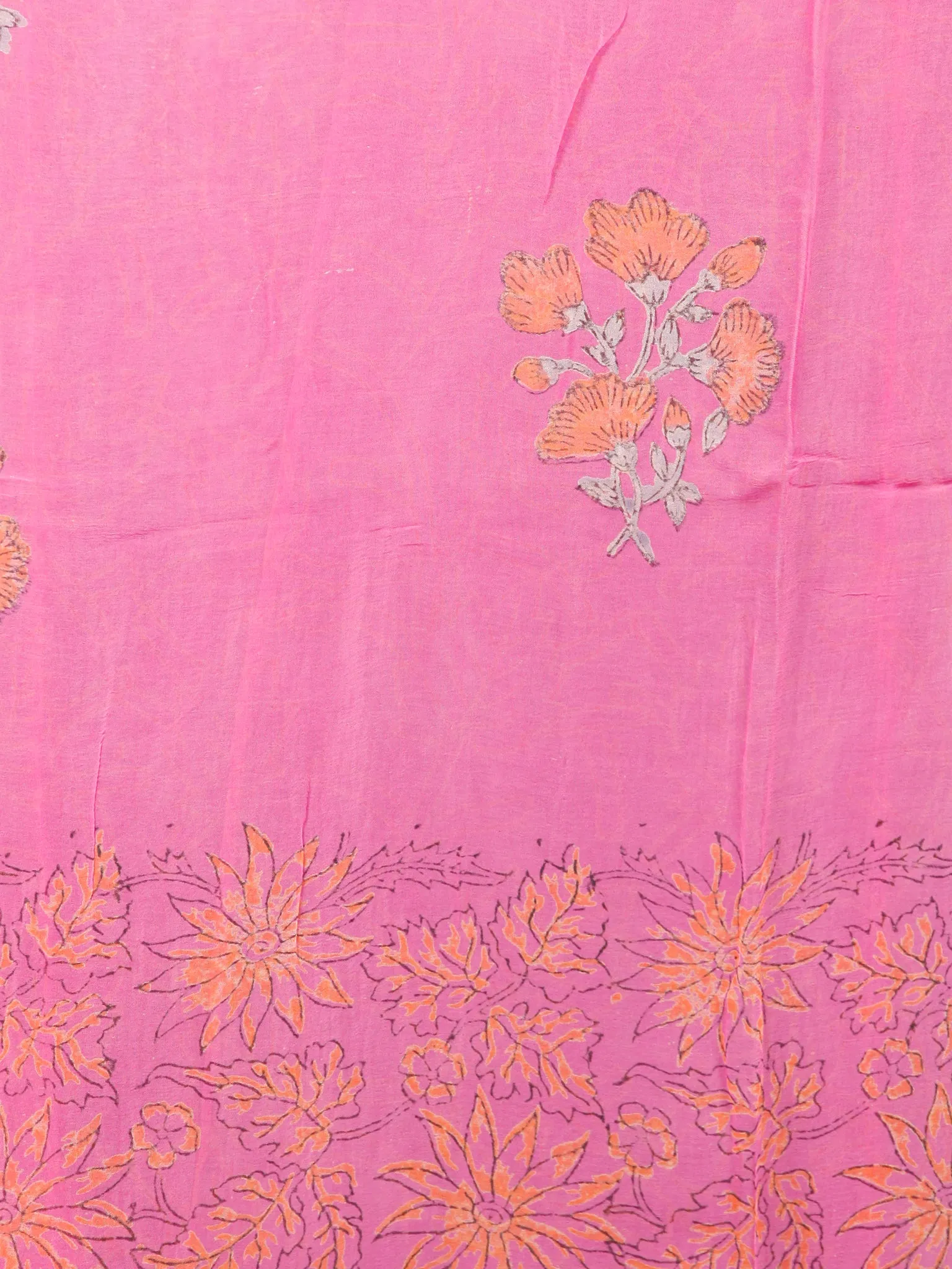 Pink Orange Hand Block Printed Chiffon Saree with Zari Border - S031703414
