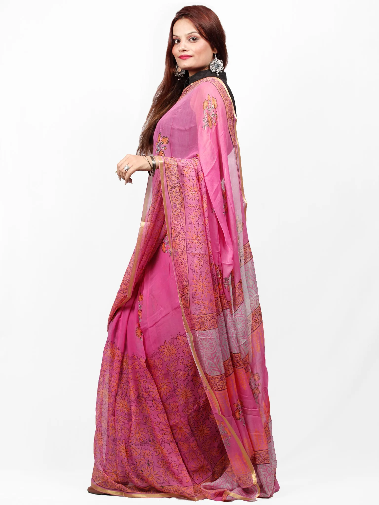 Pink Orange Hand Block Printed Chiffon Saree with Zari Border - S031703414
