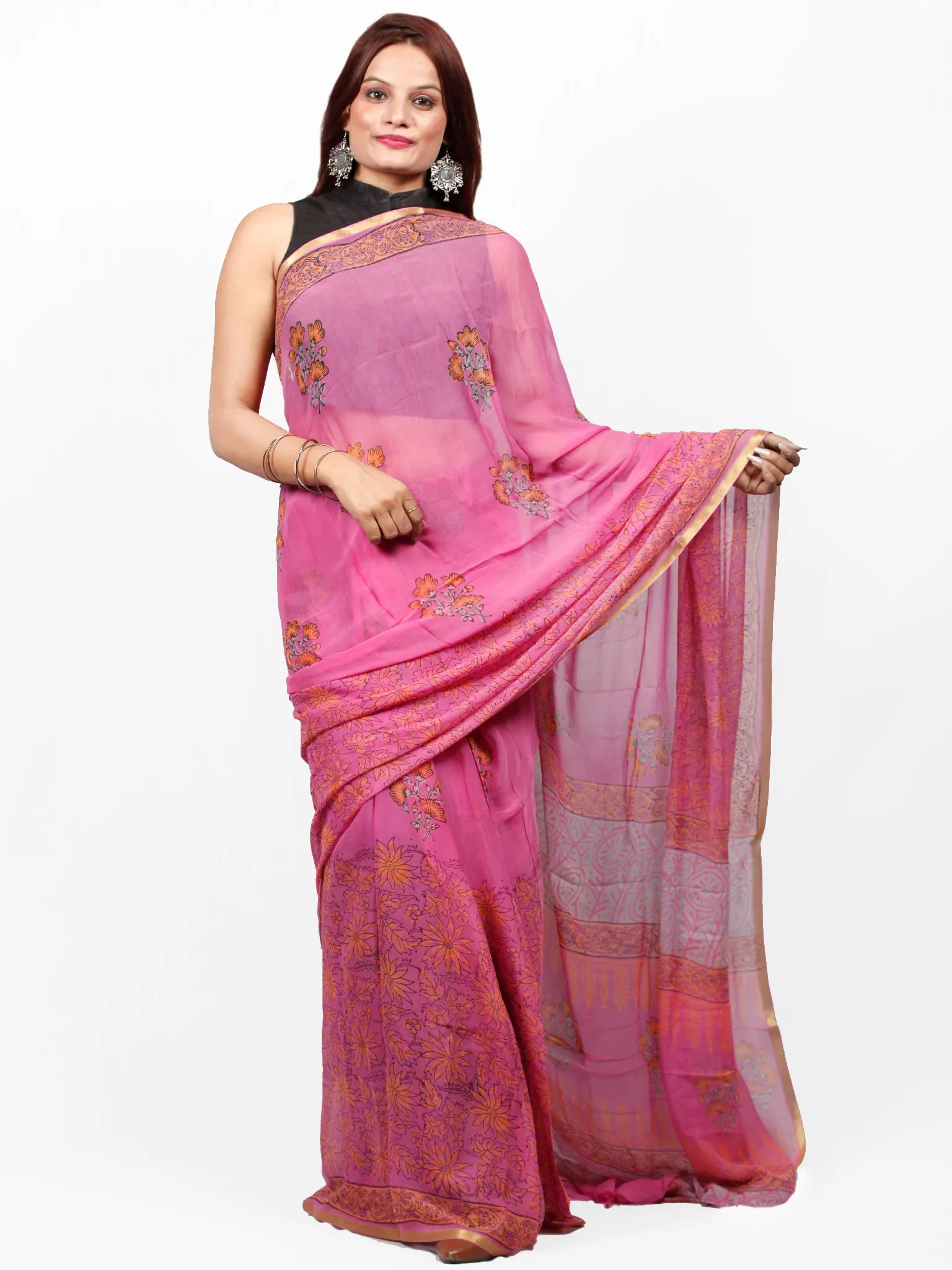 Pink Orange Hand Block Printed Chiffon Saree with Zari Border - S031703414
