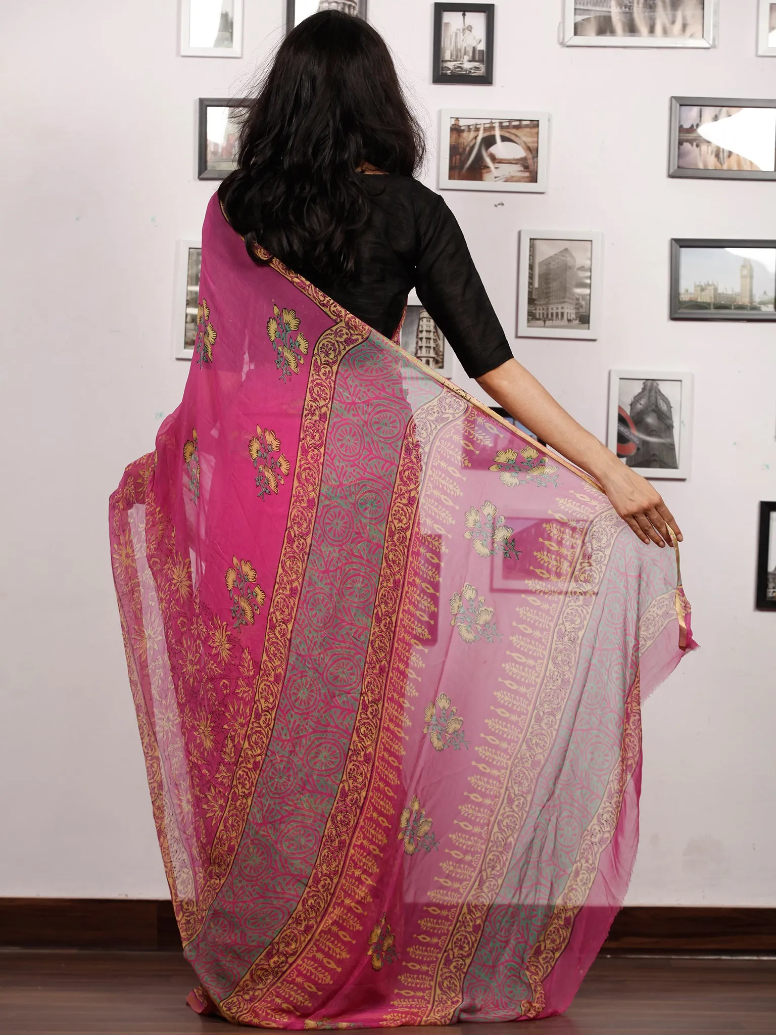 Pink Yellow Green Hand Block Printed Chiffon Saree with Zari Border - S031703500