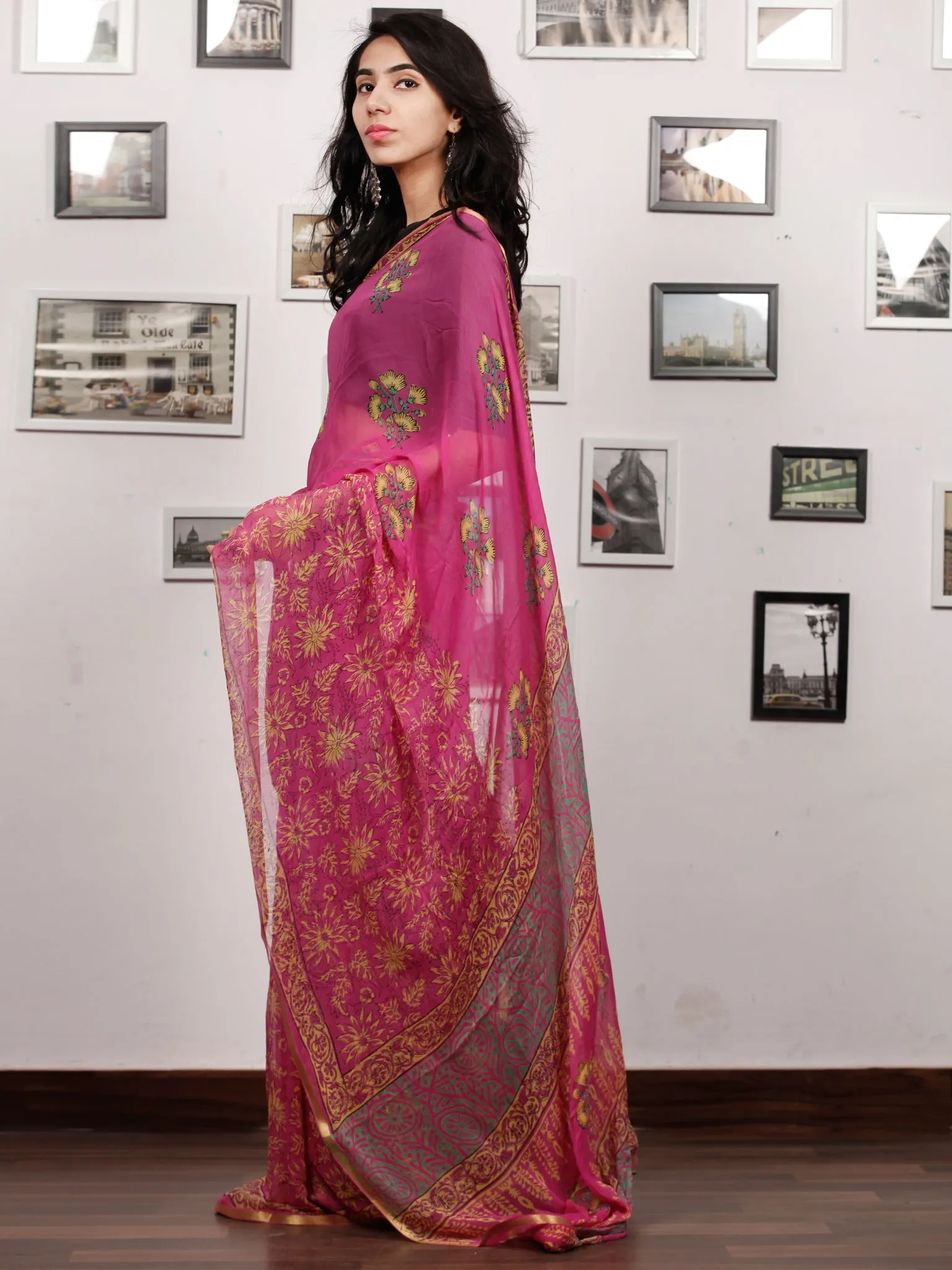 Pink Yellow Green Hand Block Printed Chiffon Saree with Zari Border - S031703500