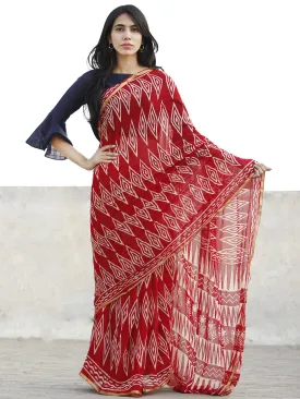 Red and White  Hand Block Printed Chiffon Saree with Zari border- S031702718