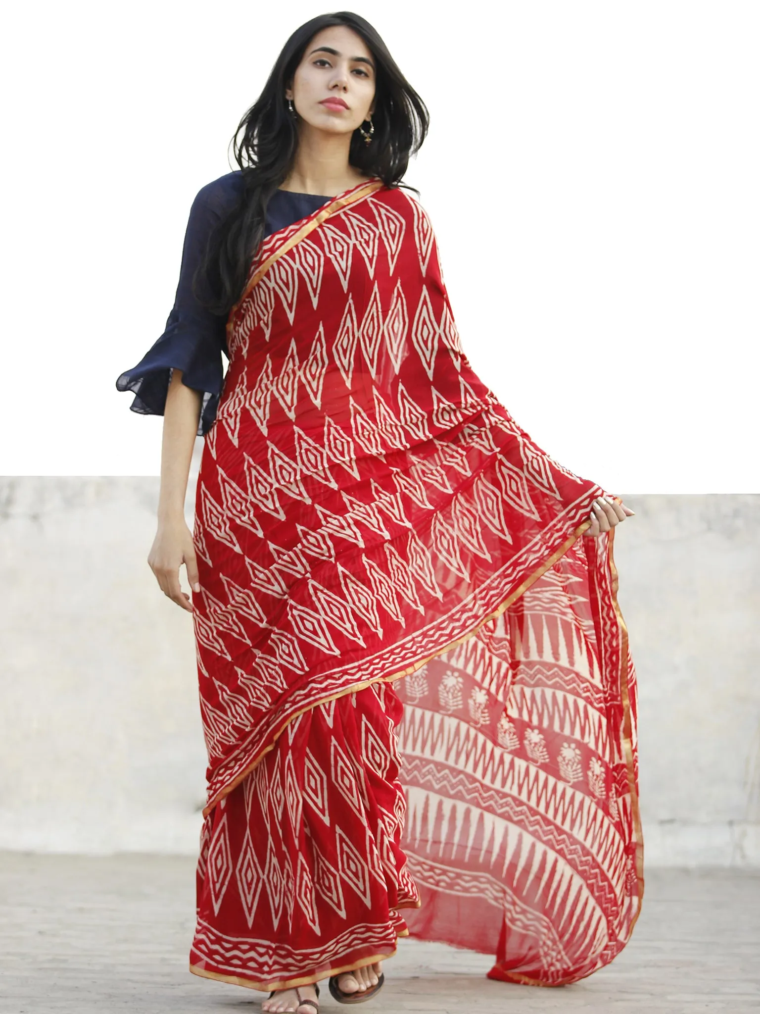 Red and White  Hand Block Printed Chiffon Saree with Zari border- S031702718