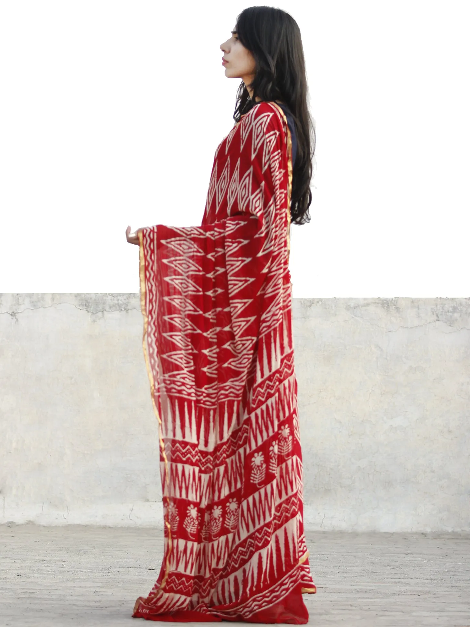 Red and White  Hand Block Printed Chiffon Saree with Zari border- S031702718