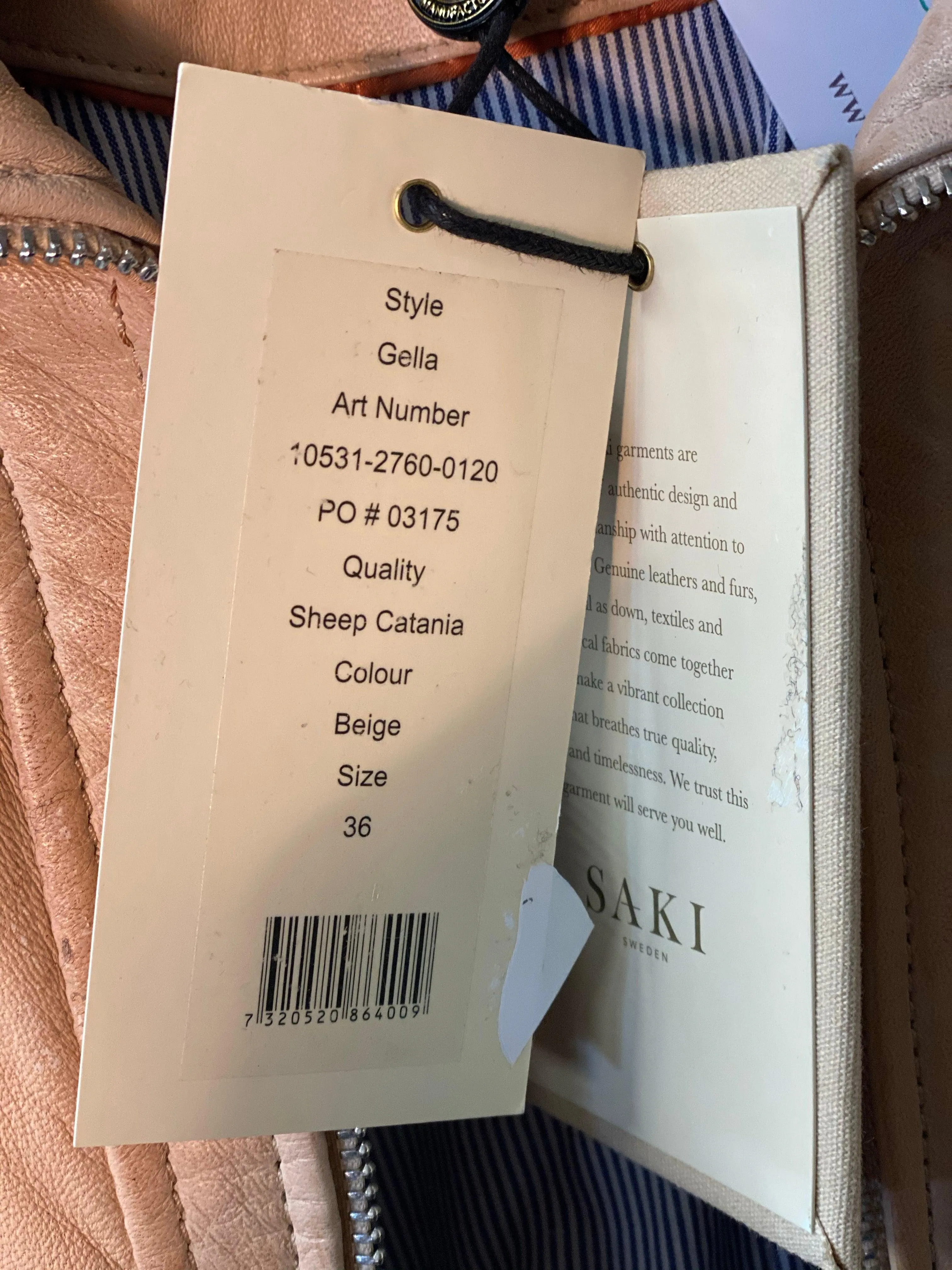 Saki Sweden "Gella" Biker Jacket Beige Leather Size 36 (UK10) BNWT