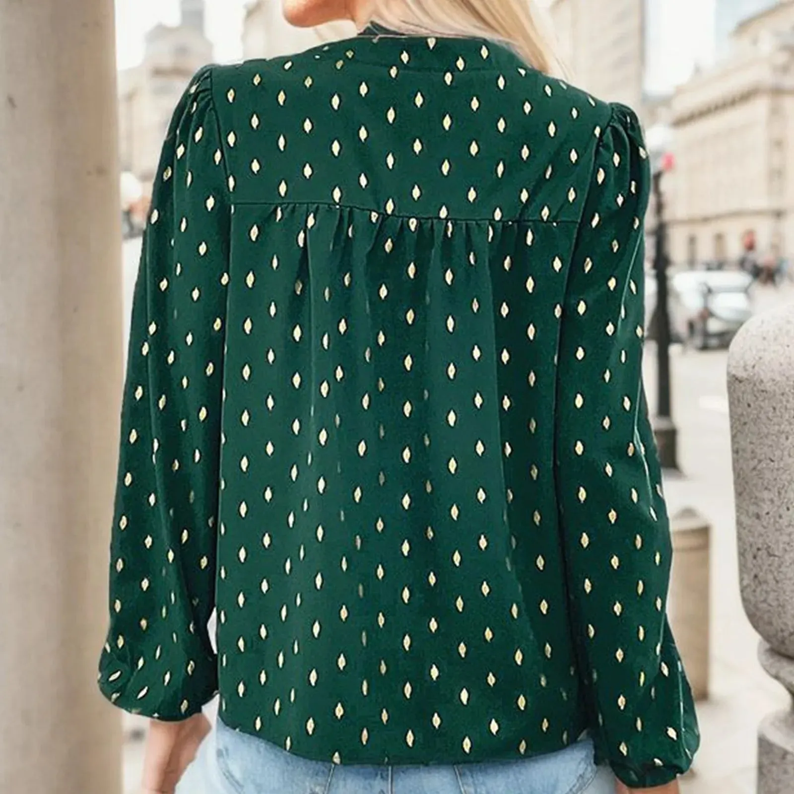 Slim Polka Dot Gold Foil Long Sleeve Chiffon V Neck Blouse