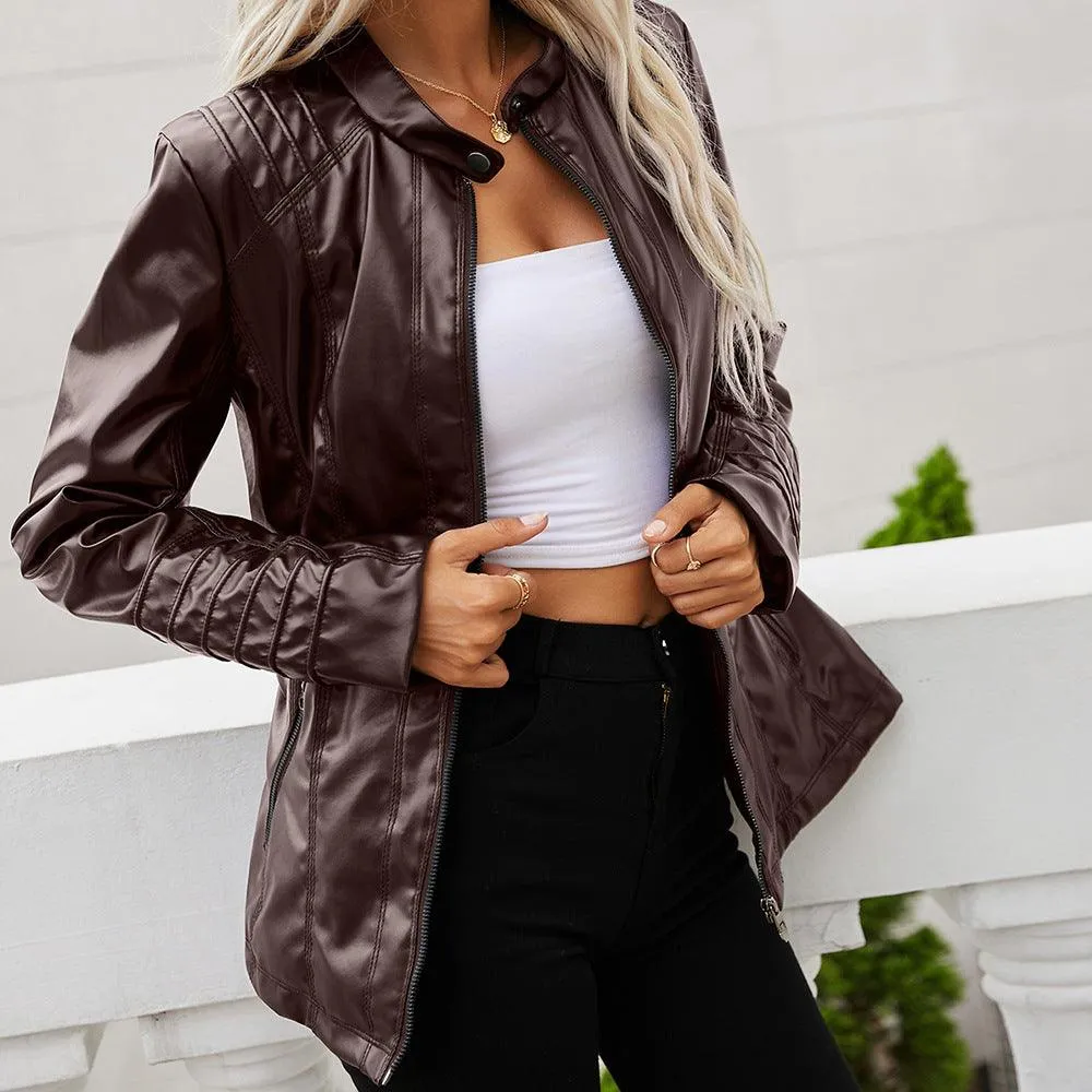 Stand-up Collar Zipper Long-sleeved Solid Color Women's Leather Jacket