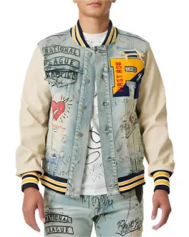 TEEK - Hand Drawing Leather Sleeves Denim Varsity Jacket